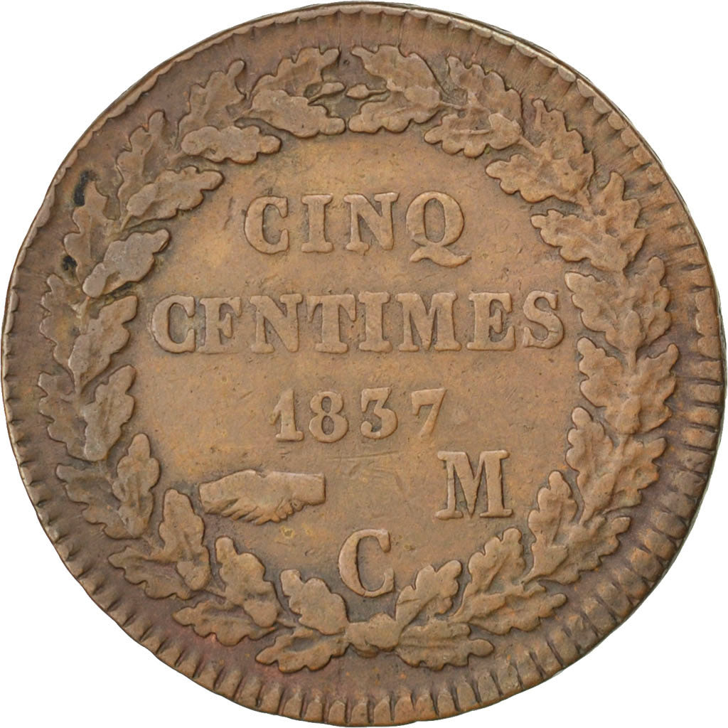 Moneta, Monaco, Honore V, 5 Centimes, Cinq, 1837, Monaco, MB, Rame, KM:95.2a
