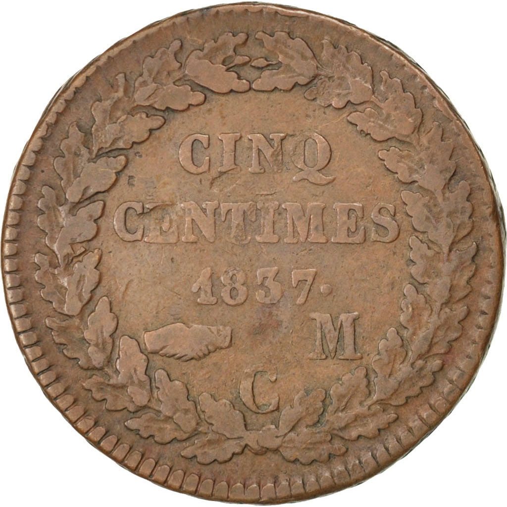 Münze, Monaco, Honore V, 5 Centimes, Cinq, 1837, Monaco, S, Kupfer, KM:95.2a