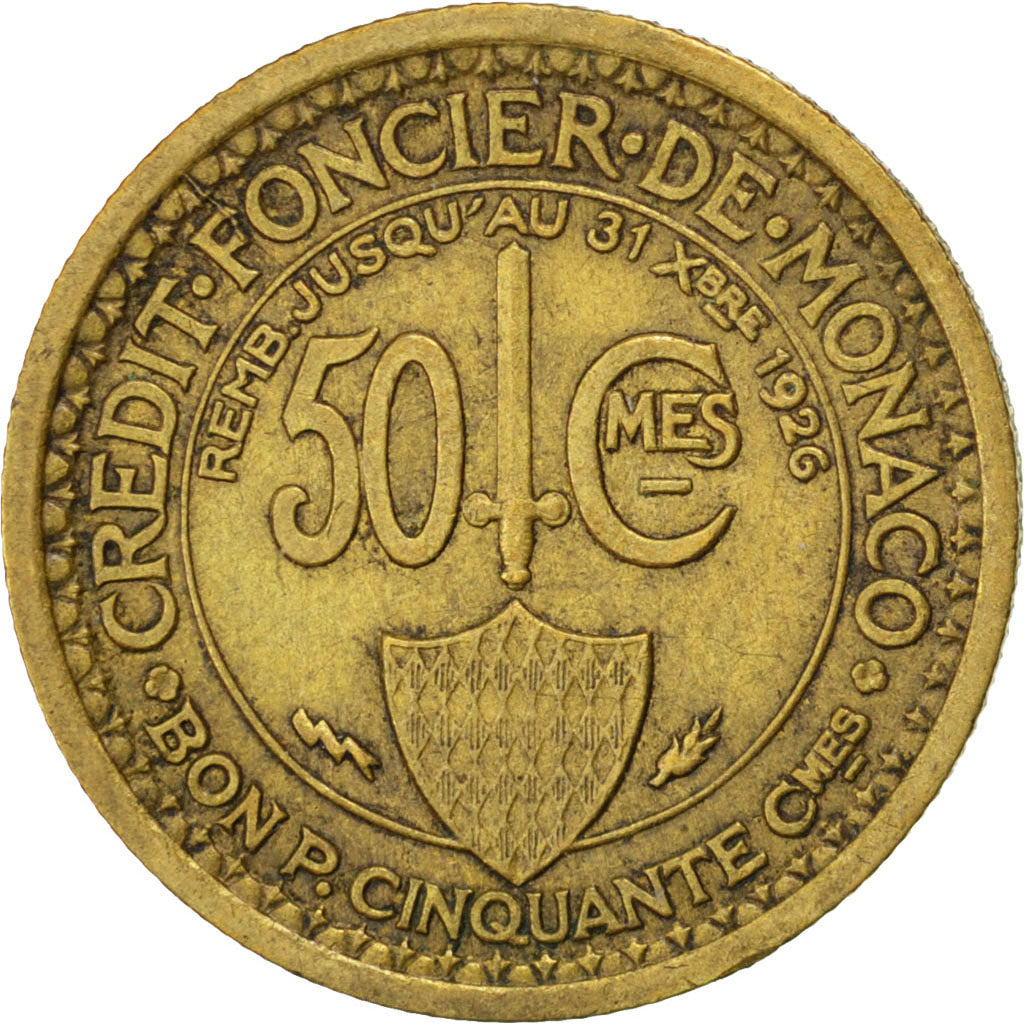 MONACO, 50 Centimes, 1924, Poissy, KM #110, EF(40-45), Aluminum-Bronze, Gadoury.