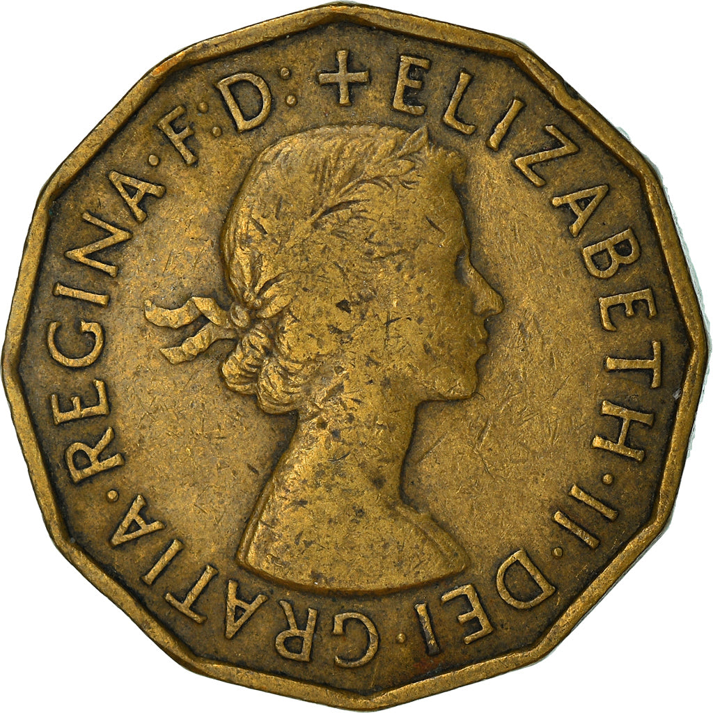 Moneda, Gran Bretaña, Elizabeth II, 3 Pence, 1954, BC+, Níquel - latón
