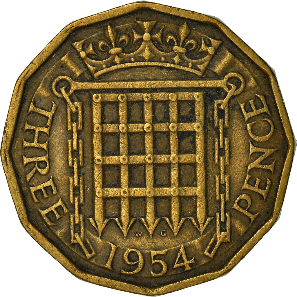 Moneda, Gran Bretaña, Elizabeth II, 3 Pence, 1954, BC+, Níquel - latón