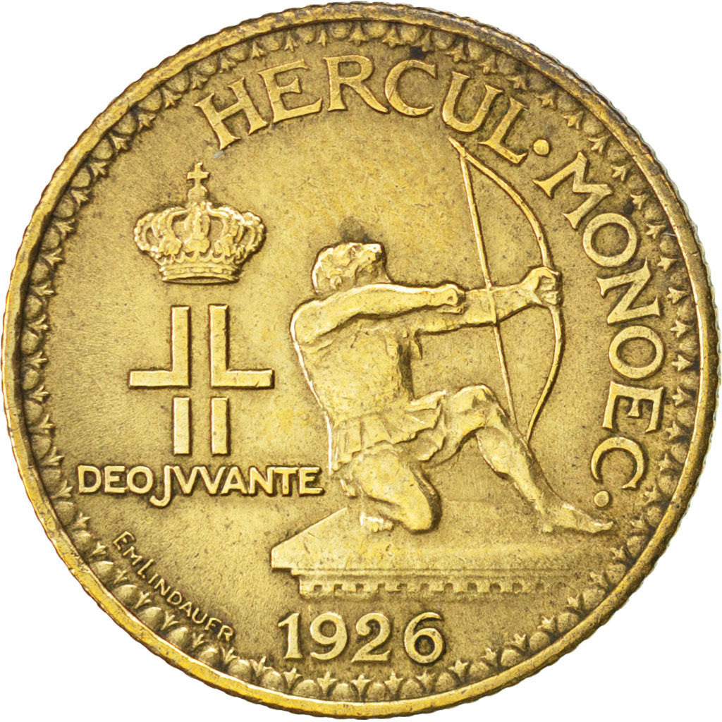 MONACO, Franc, 1926, Poissy, KM #114, EF(40-45), Aluminum-Bronze, Gadoury #128,.