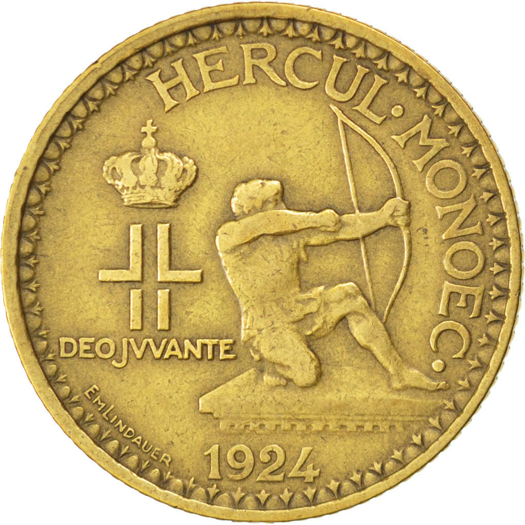 MONACO, 2 Francs, 1924, Poissy, KM #112, EF(40-45), Aluminum-Bronze, 27,...