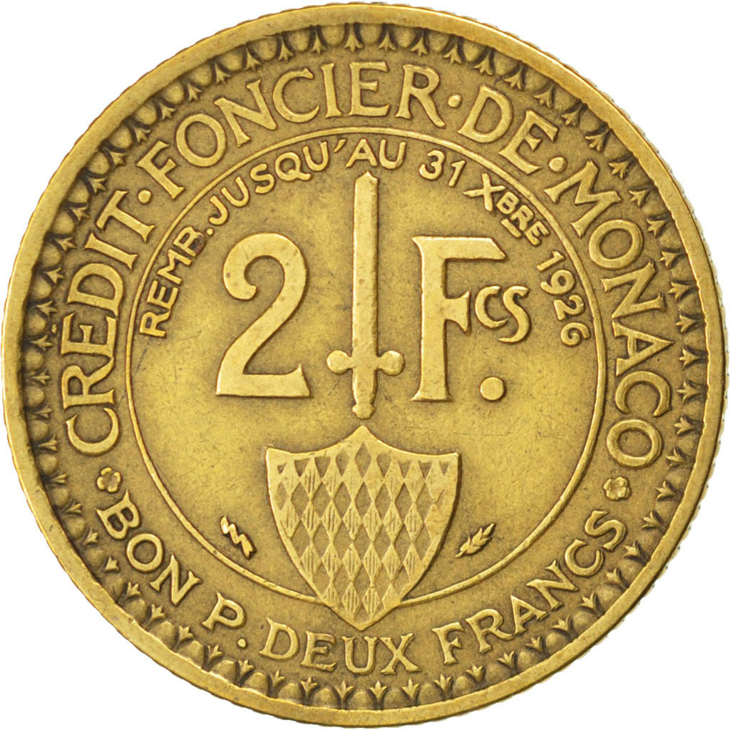 MONACO, 2 Francs, 1924, Poissy, KM #112, EF(40-45), Aluminum-Bronze, 27,...