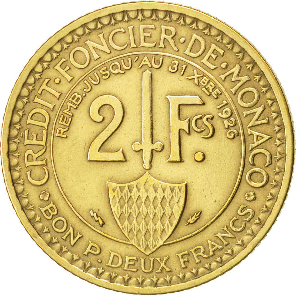 MONACO, 2 Francs, 1924, Poissy, KM #112, EF(40-45), Aluminum-Bronze, 27,...