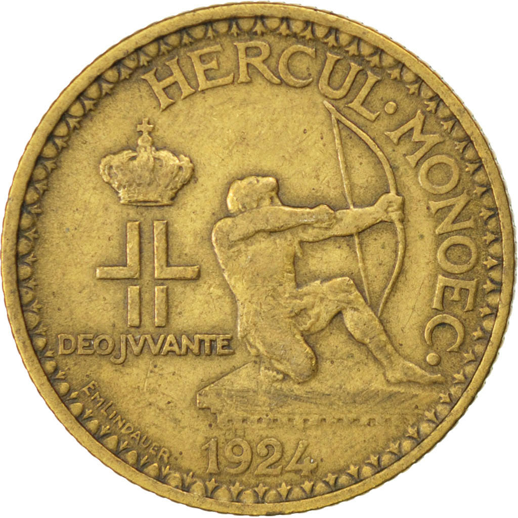 MONACO, 2 Francs, 1924, Poissy, KM #112, VF(30-35), Aluminum-Bronze, 27,...