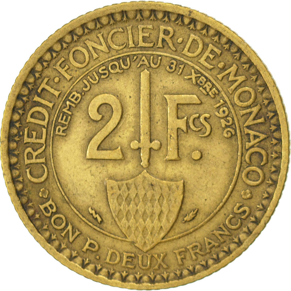 MONACO, 2 Francs, 1924, Poissy, KM #112, VF(30-35), Aluminum-Bronze, 27,...
