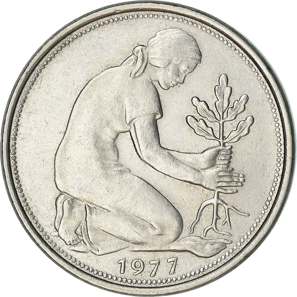 Moneta, Niemcy - RFN, 50 Pfennig, 1977, Stuttgart, AU(55-58), Miedź-Nikiel