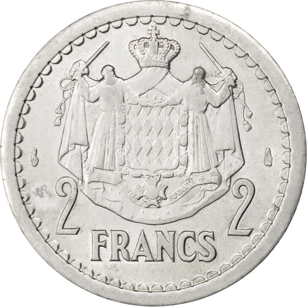 MONACO, 2 Francs, 1943, KM #121, AU(50-53), Aluminum, 27, Gadoury #133, 2.22