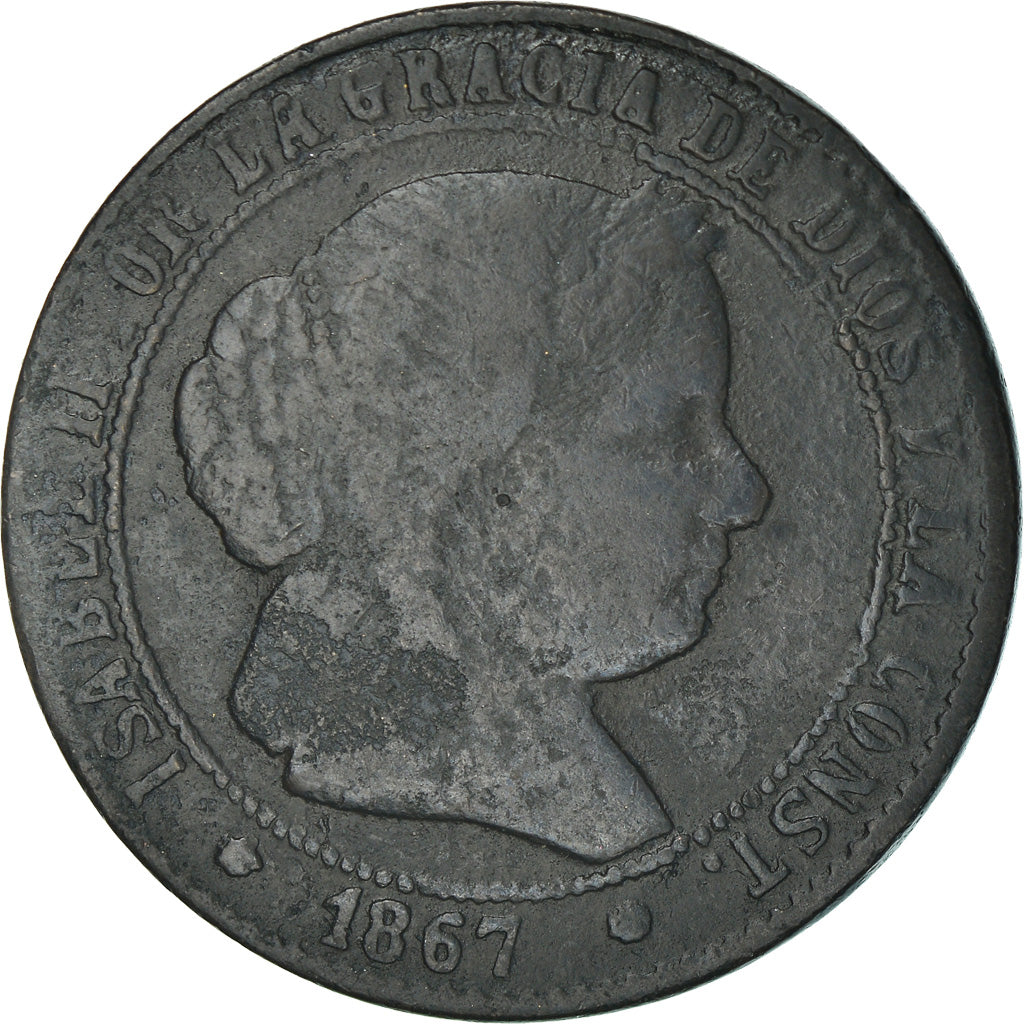 Coin, Spain, Isabel II, 2-1/2 Centimos, 1867, Madrid, VF(30-35), Copper