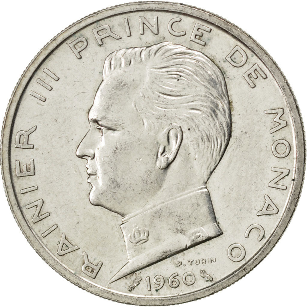 MONACO, 5 Francs, 1960, KM #141, AU(50-53), Silver, Gadoury #152, 11.99