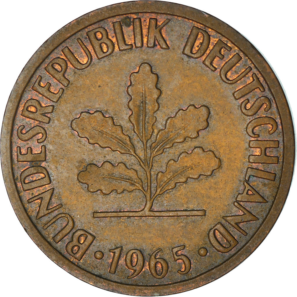 Coin, GERMANY - FEDERAL REPUBLIC, 2 Pfennig, 1965, Karlsruhe, VF(30-35), Bronze
