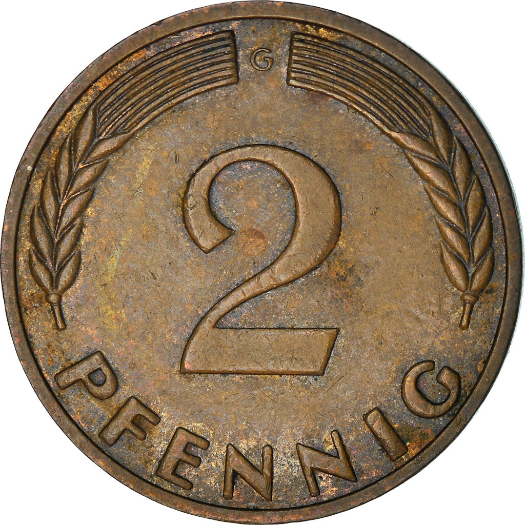 Moneta, Niemcy - RFN, 2 Pfennig, 1965, Karlsruhe, VF(30-35), Bronze, KM:106