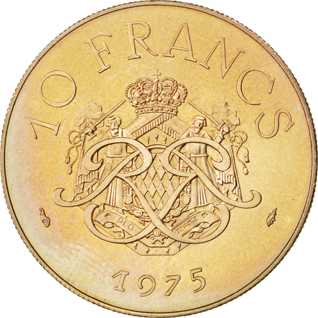 MONACO, 10 Francs, 1975, KM #154, AU(55-58), Copper-Nickel-Aluminum, Gadoury...