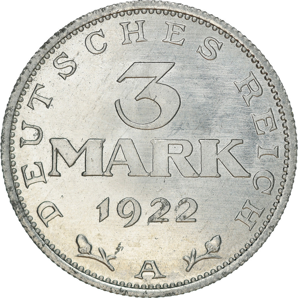 Munten, Duitsland, Weimarrepubliek, 3 Mark, 1922, Berlin, ZF+, Aluminium, KM:28