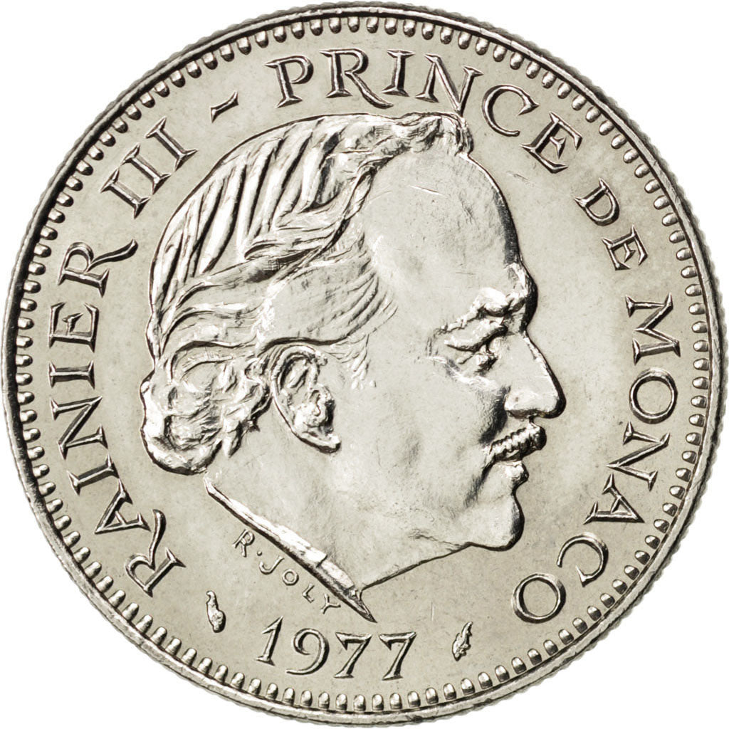 MONACO, 5 Francs, 1977, KM #150, MS(63), Copper-Nickel, 29, Gadoury #153, 10.01
