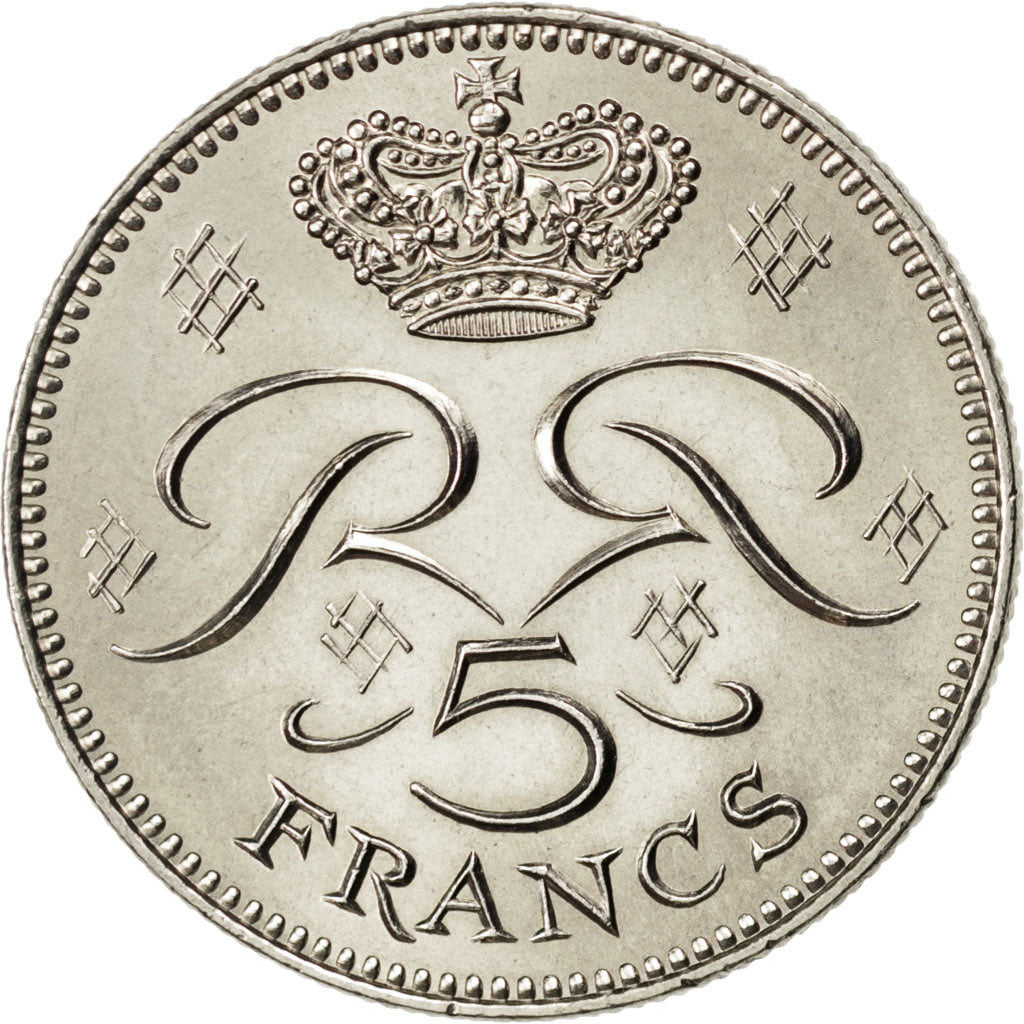 MONACO, 5 Francs, 1977, KM #150, MS(63), Copper-Nickel, 29, Gadoury #153, 10.01