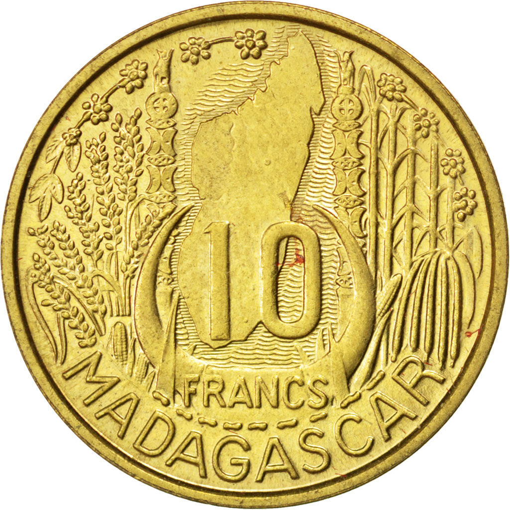 MADAGASCAR, 10 Francs, 1953, Paris, KM #E4, AU(55-58), Aluminum-Bronze,...