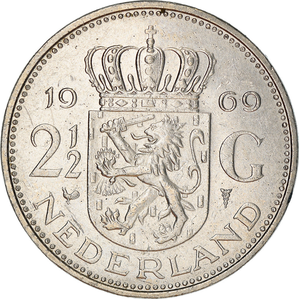 Coin, Netherlands, Juliana, 2-1/2 Gulden, 1969, VF(20-25), Nickel, KM:191