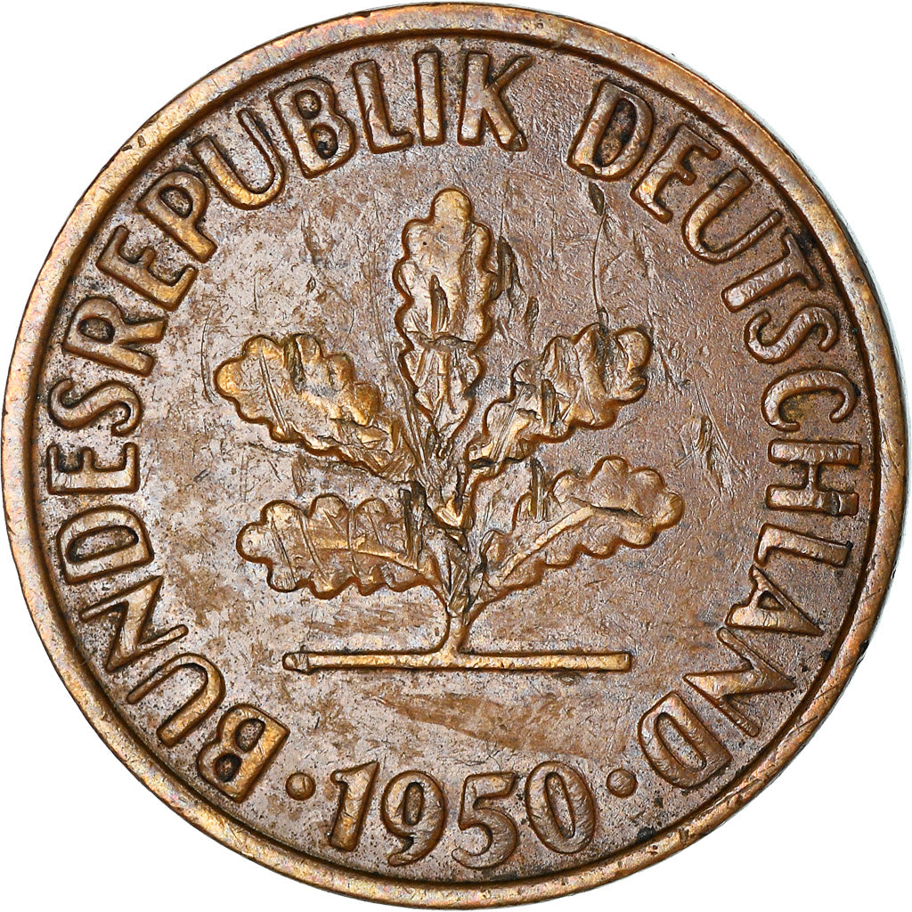 Moneta, GERMANIA - REPUBBLICA FEDERALE, 2 Pfennig, 1950, Hambourg, MB+, Bronzo