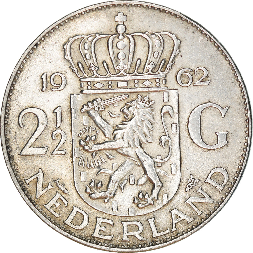 Coin, Netherlands, Juliana, 2-1/2 Gulden, 1962, EF(40-45), Silver, KM:185