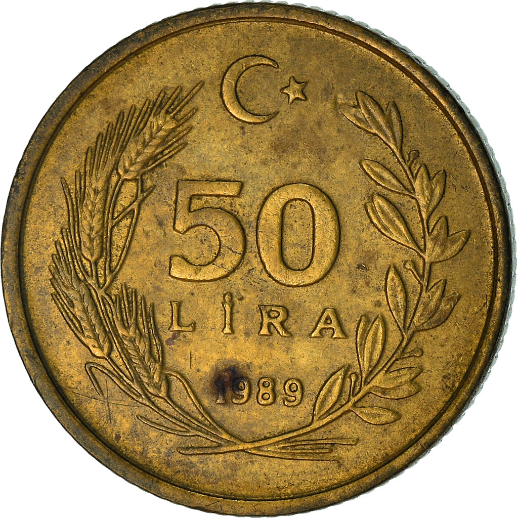 Coin, Turkey, 50 Lira, 1989, VF(20-25), Aluminum-Bronze, KM:987