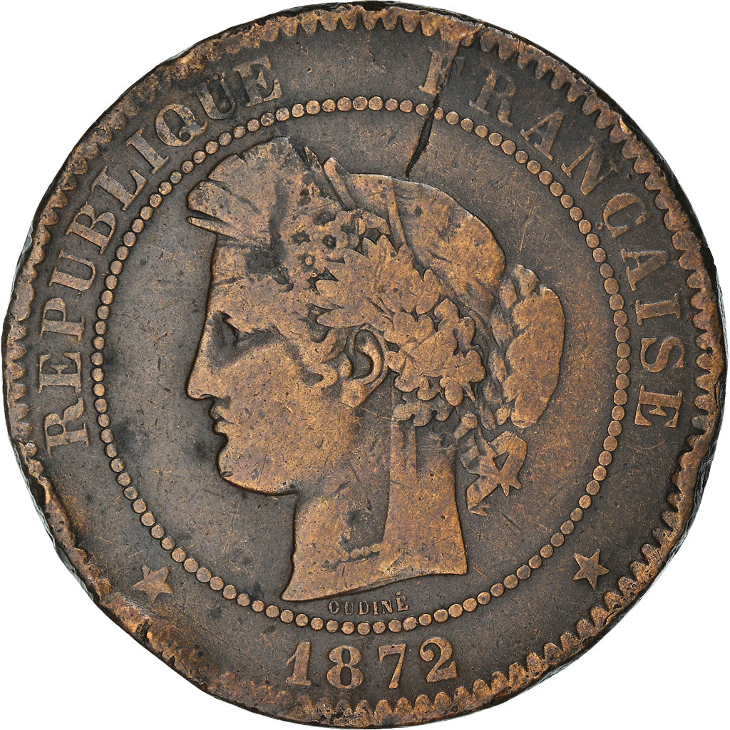 Moneda, Francia, Cérès, 10 Centimes, 1872, Bordeaux, BC, Bronce, KM:815.2