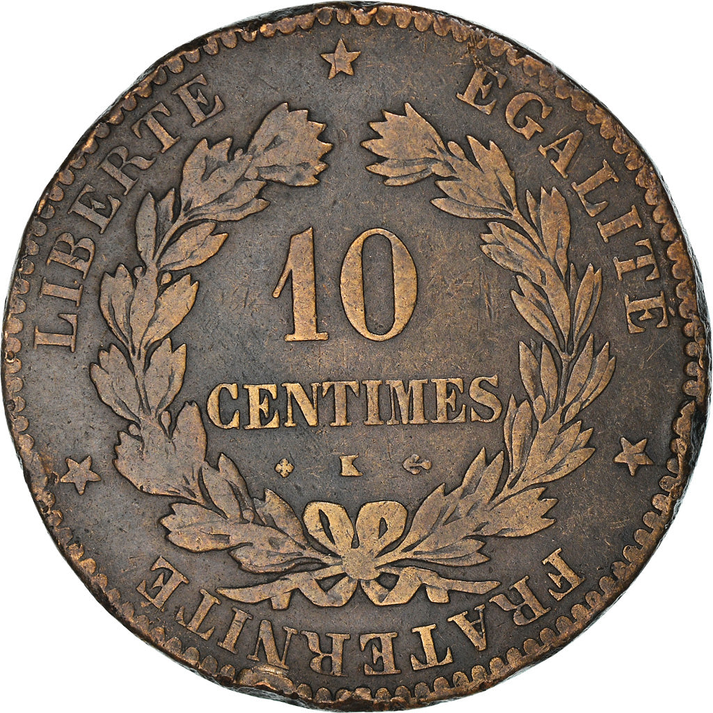 Moneda, Francia, Cérès, 10 Centimes, 1872, Bordeaux, BC, Bronce, KM:815.2