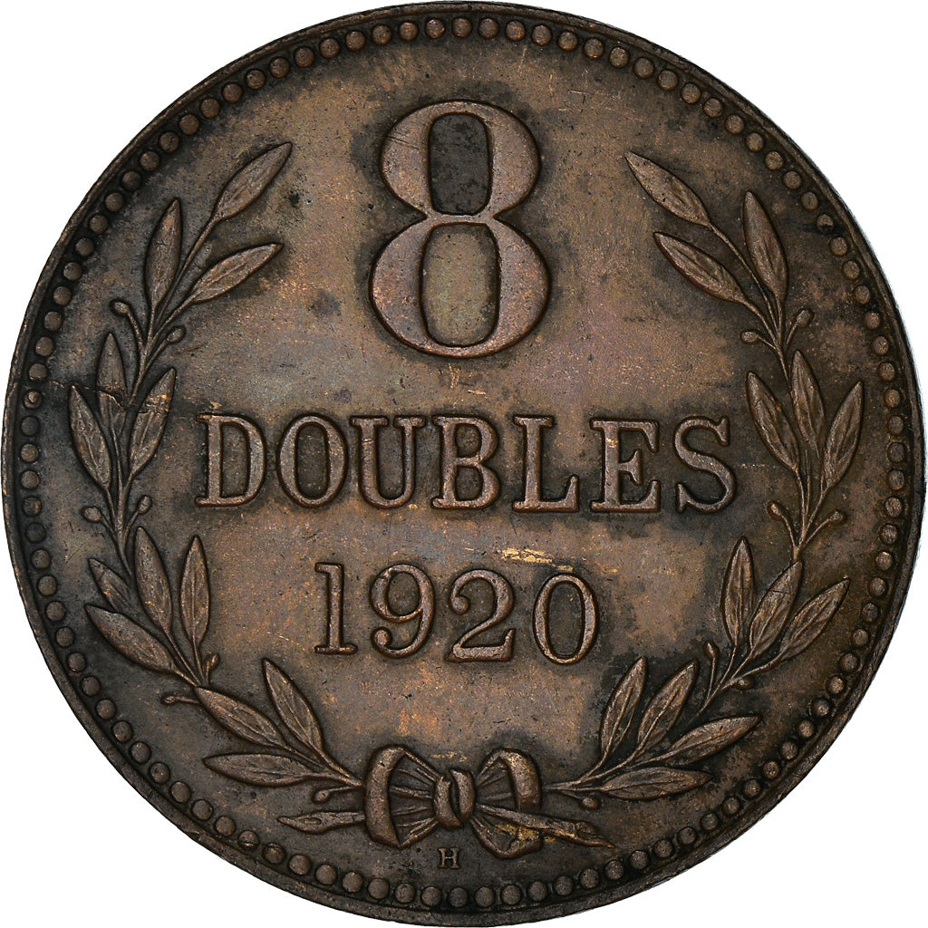 Moneta, Guernsey, 8 Doubles, 1920, Heaton, Birmingham, BB+, Bronzo, KM:14