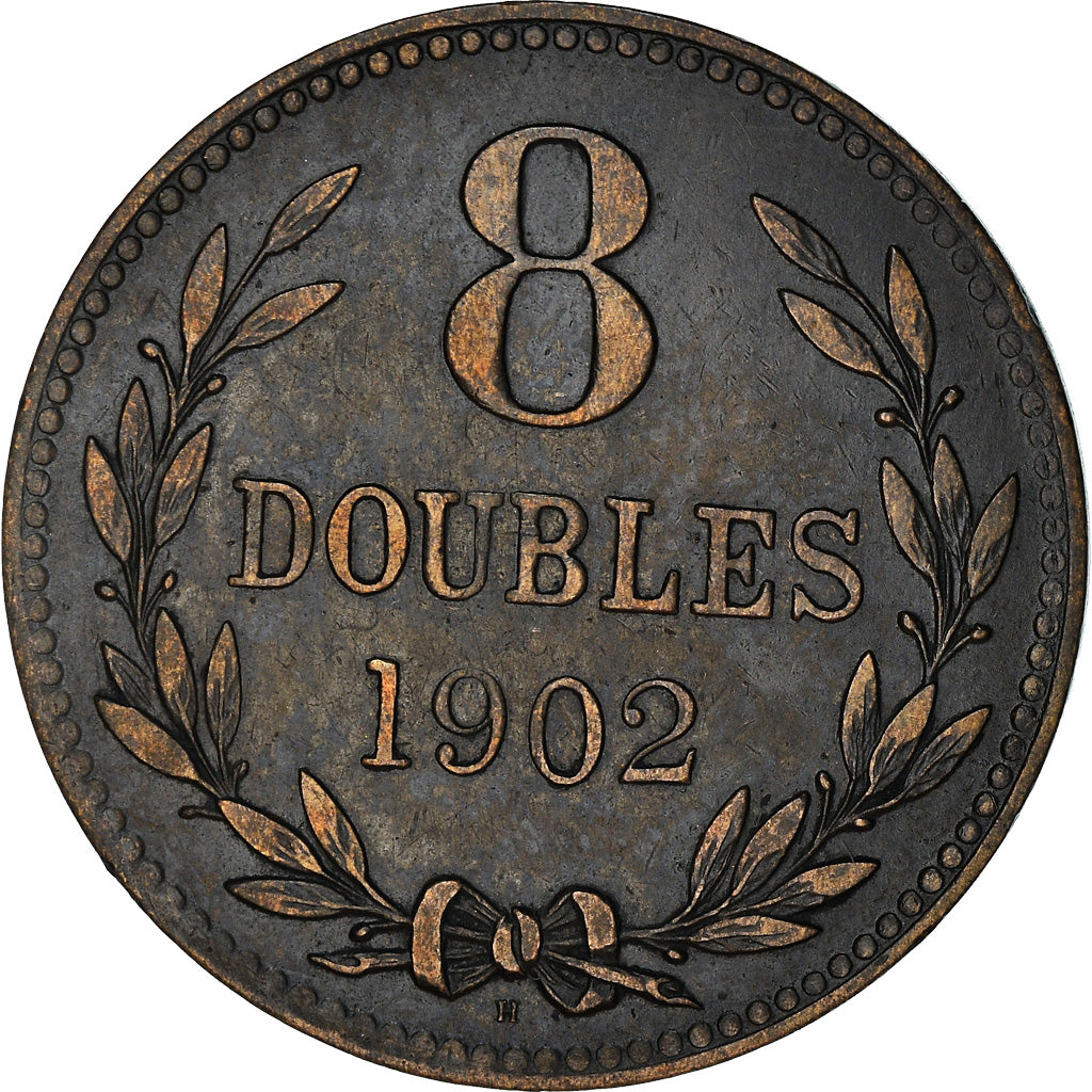 Coin, Guernsey, 8 Doubles, 1902, Heaton, Birmingham, EF(40-45), Bronze, KM:7