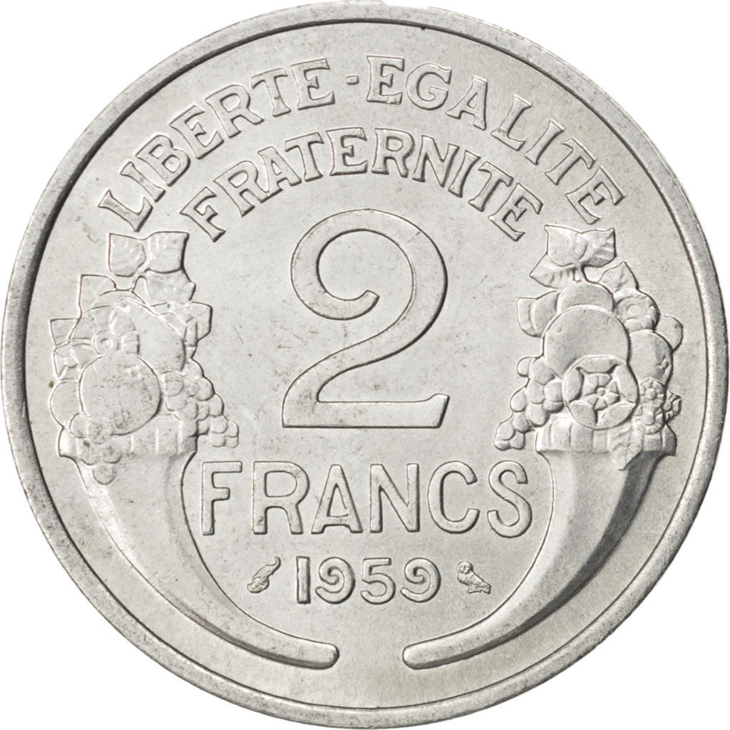 FRANCE, Morlon, 2 Francs, 1959, KM #886a.1, MS(60-62), Aluminum, 27, Gadoury...