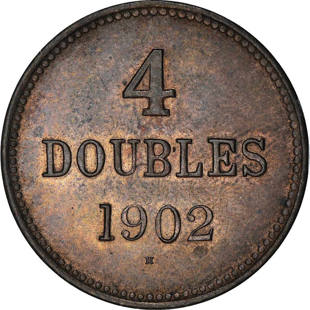 Coin, Guernsey, 4 Doubles, 1902, Heaton, Birmingham, AU(50-53), Bronze, KM:5