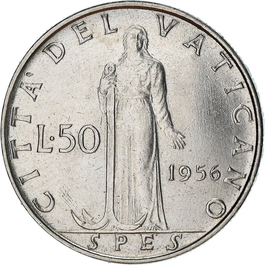 Moneta, PAŃSTWO WATYKAŃSKIE, Pius XII, 50 Lire, 1956, AU(55-58), Stal