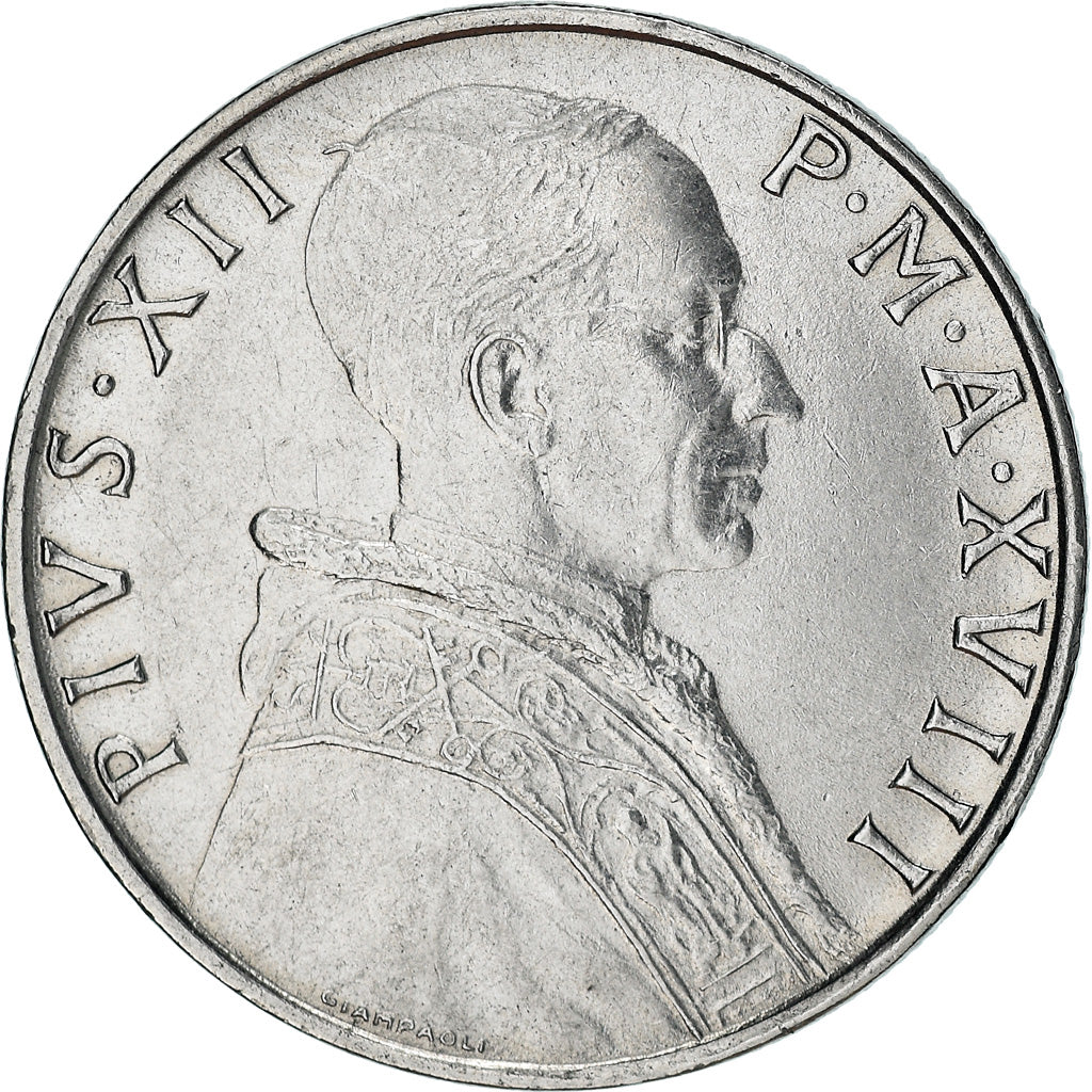 Moneda, CIUDAD DEL VATICANO, Pius XII, 50 Lire, 1956, MBC+, Acero inoxidable