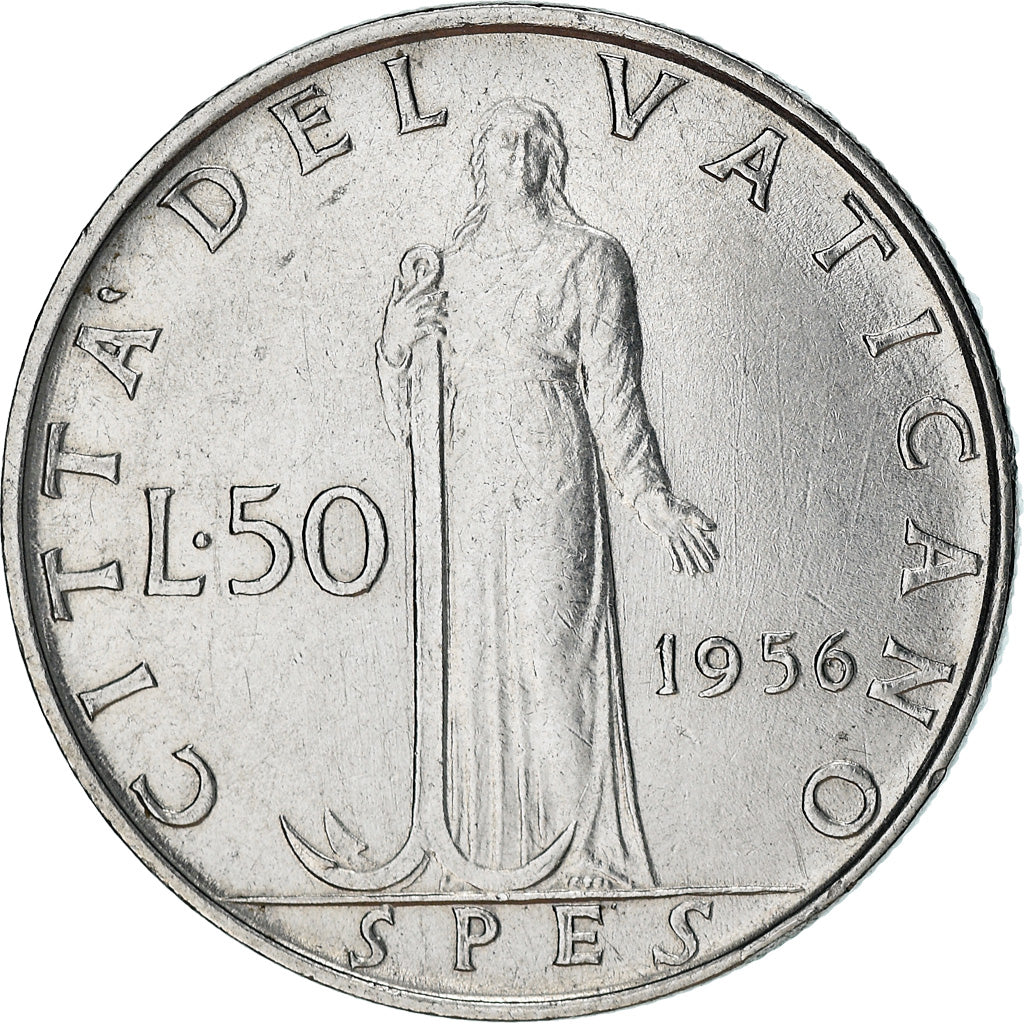 Moneda, CIUDAD DEL VATICANO, Pius XII, 50 Lire, 1956, MBC+, Acero inoxidable