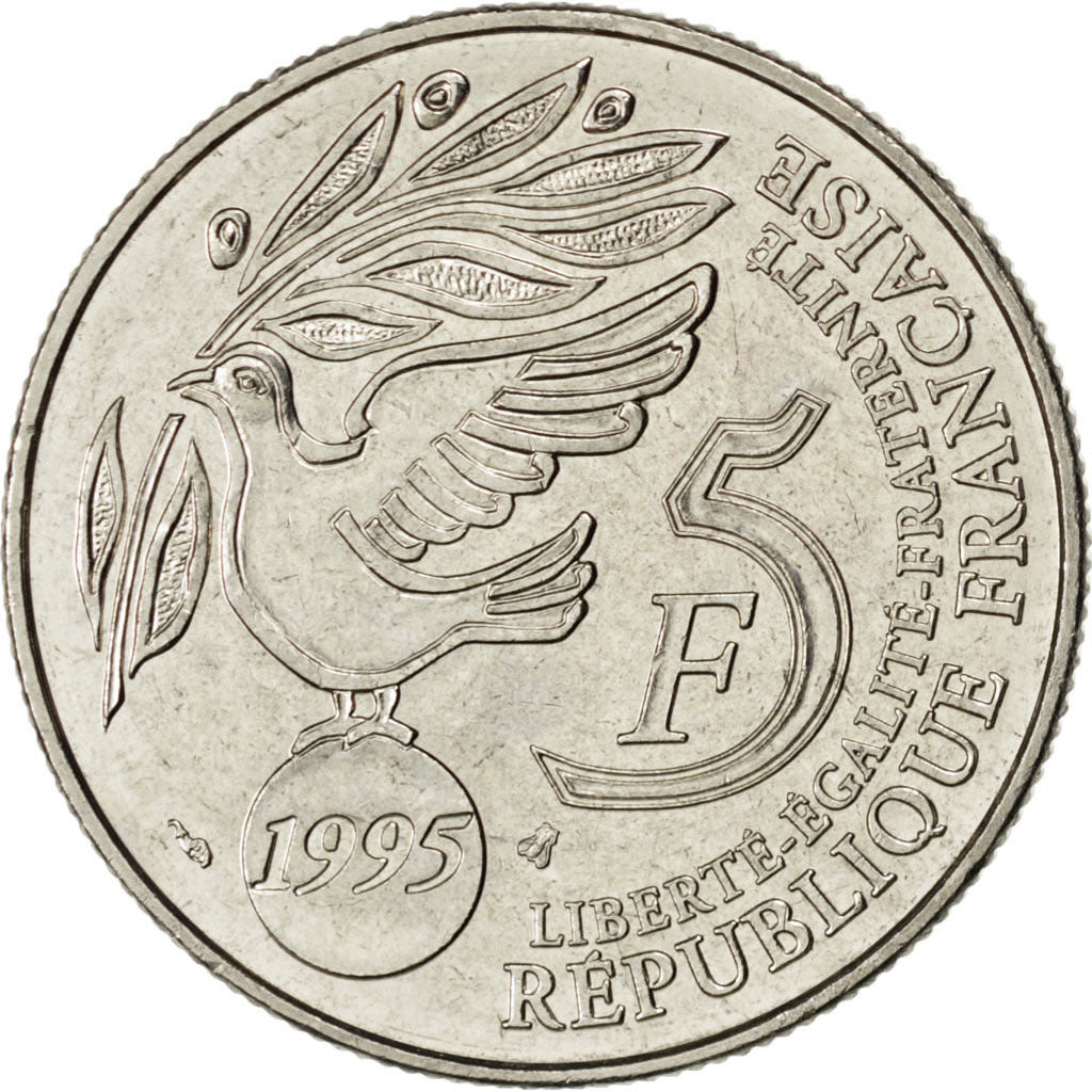 FRANCE, ONU, 5 Francs, 1995, KM #1118, AU(55-58), Silver, 29, Gadoury #776,...
