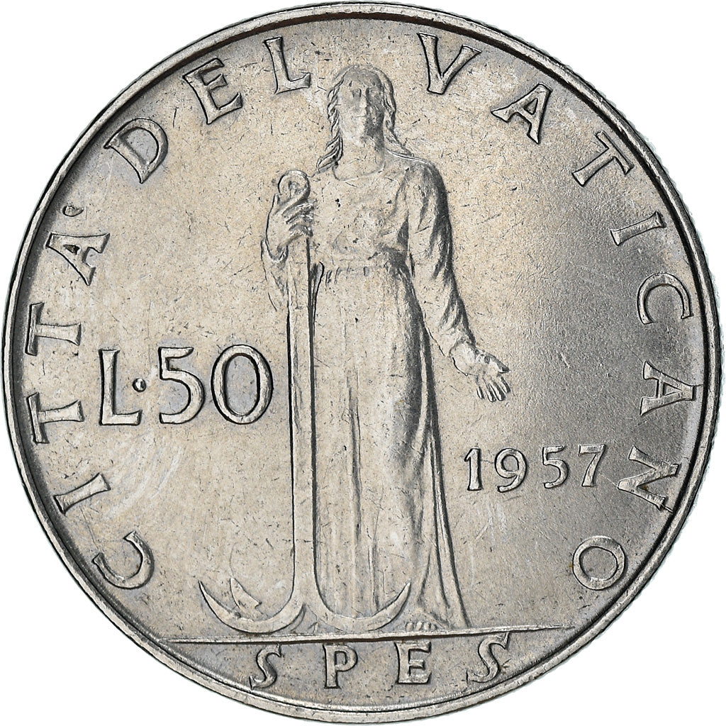 Coin, VATICAN CITY, Pius XII, 50 Lire, 1957, AU(50-53), Stainless Steel, KM:54.1
