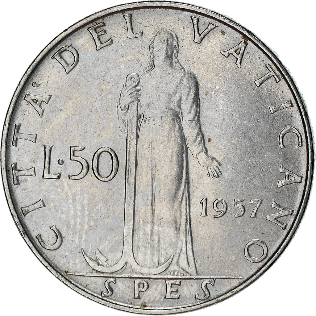 Coin, VATICAN CITY, Pius XII, 50 Lire, 1957, AU(50-53), Stainless Steel, KM:54.1