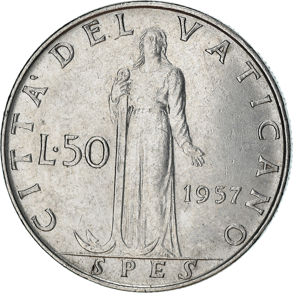 Münze, Vatikanstadt, Pius XII, 50 Lire, 1957, S+, Stainless Steel, KM:54.1