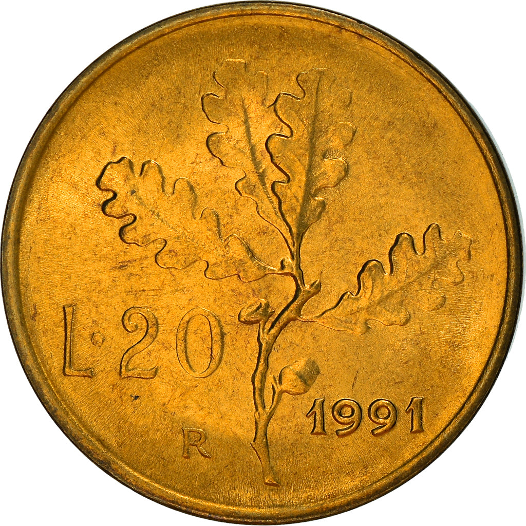 Coin, Italy, 20 Lire, 1991, Rome, MS(64), Aluminum-Bronze, KM:97.2