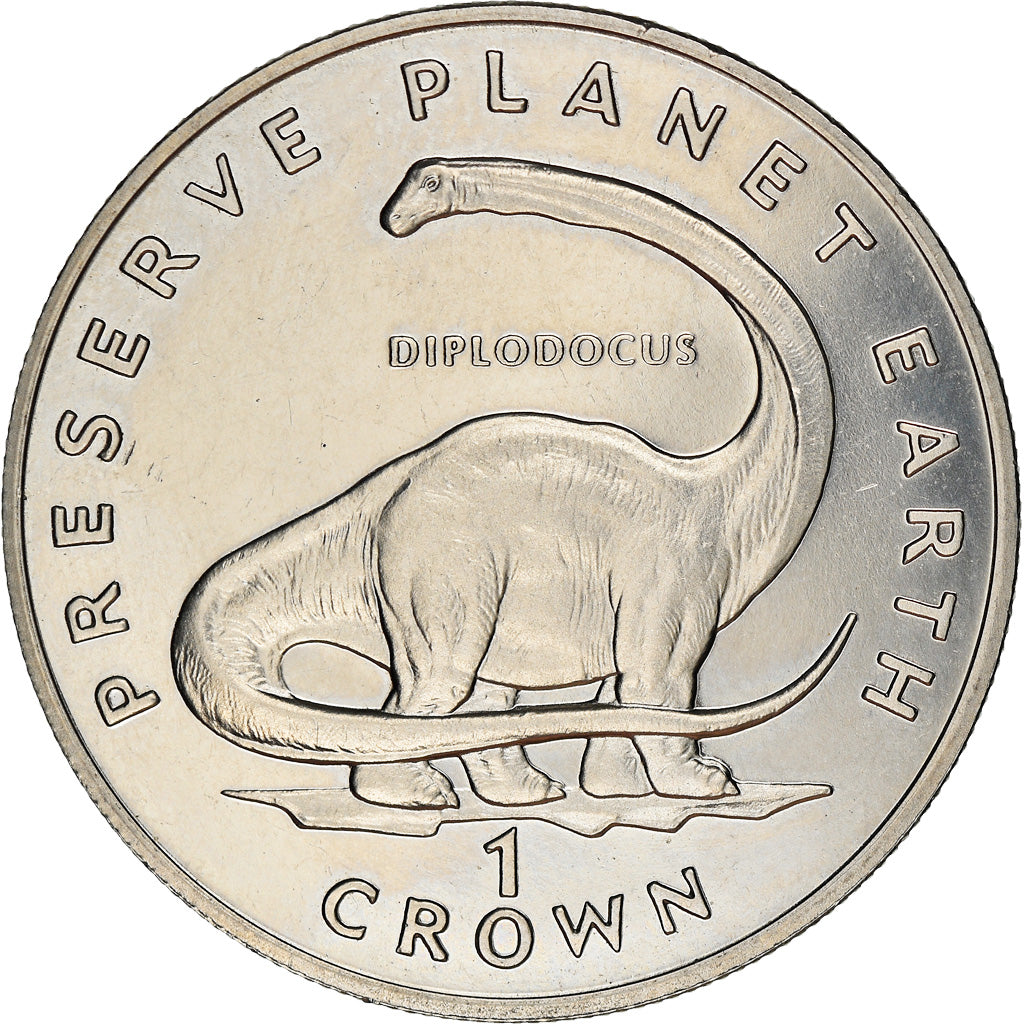 Moeda, Ilha de Man, Diplodocus, Crown, 1993, BE, AU(55-58), Cobre-níquel