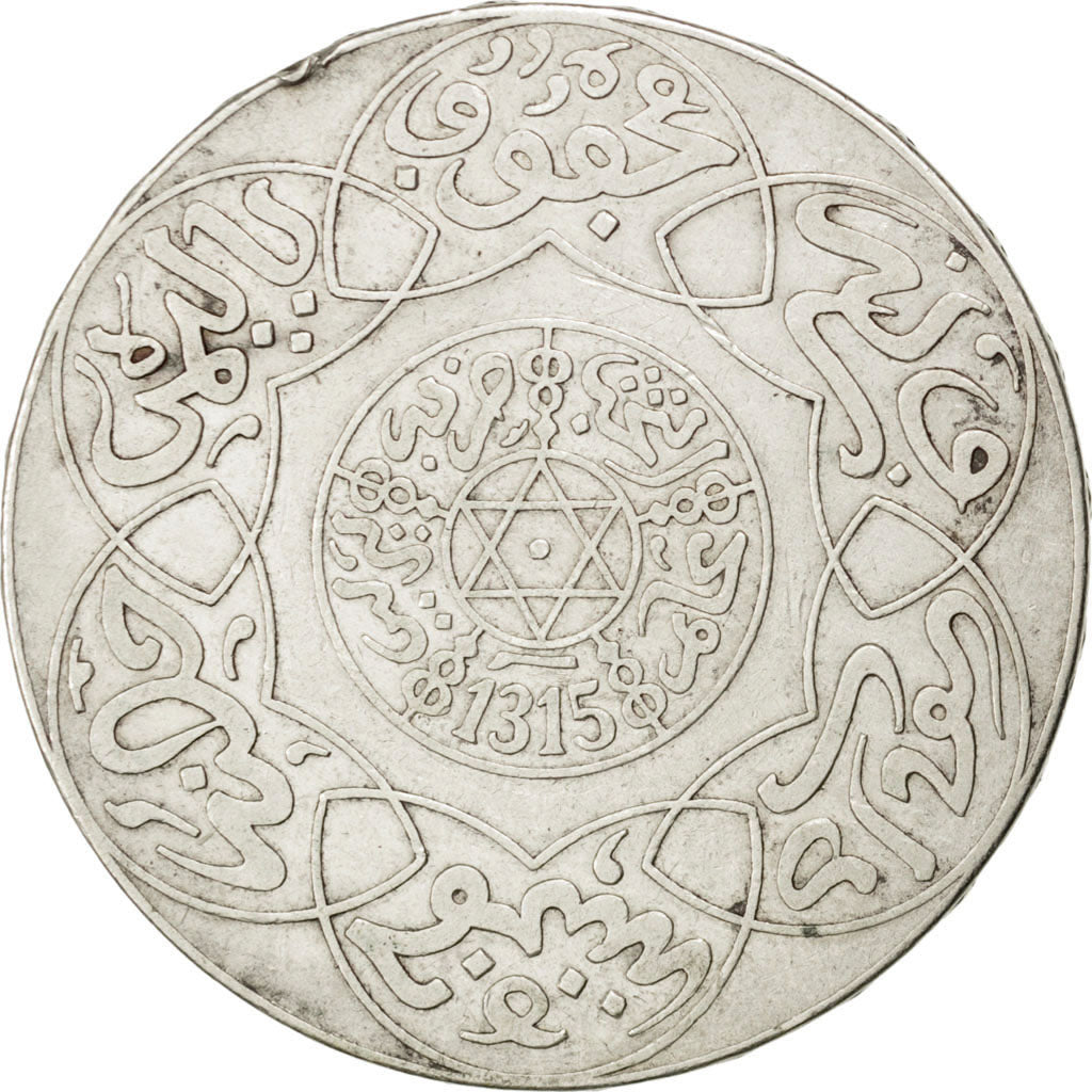 MOROCCO, 5 Dirhams, 1897, Berlin, KM #12.1, EF(40-45), Silver, Lecompte #166,...