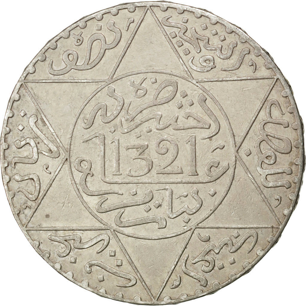 MOROCCO, 1/2 Rial, 5 Dirhams, 1903, Paris, KM #21.3, EF(40-45), Silver, 32,...