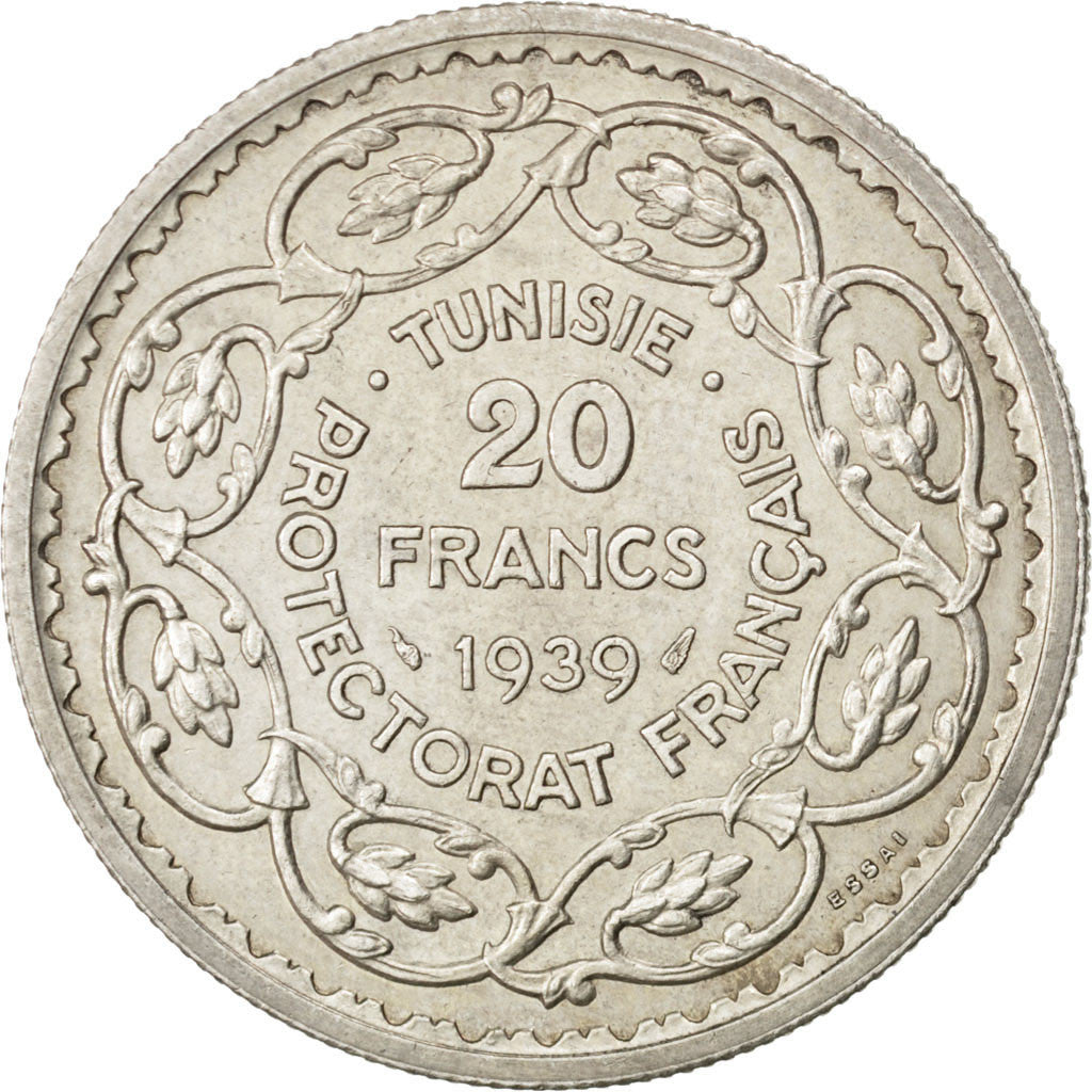 Monnaie, Tunisie, Ahmad Pasha Bey, 20 Francs, 1939, Paris, SUP, Argent, KM:E23
