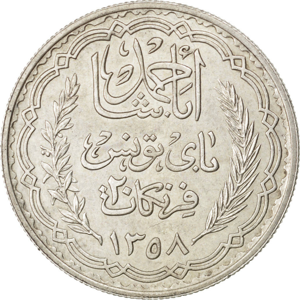 Monnaie, Tunisie, Ahmad Pasha Bey, 20 Francs, 1939, Paris, SUP, Argent, KM:E23