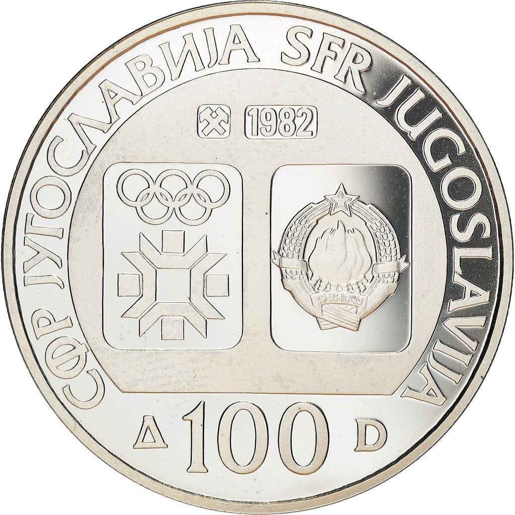 Coin, Yugoslavia, 1984 Winter Olympics, 100 Dinara, 1982, BE, MS(65-70), Silver