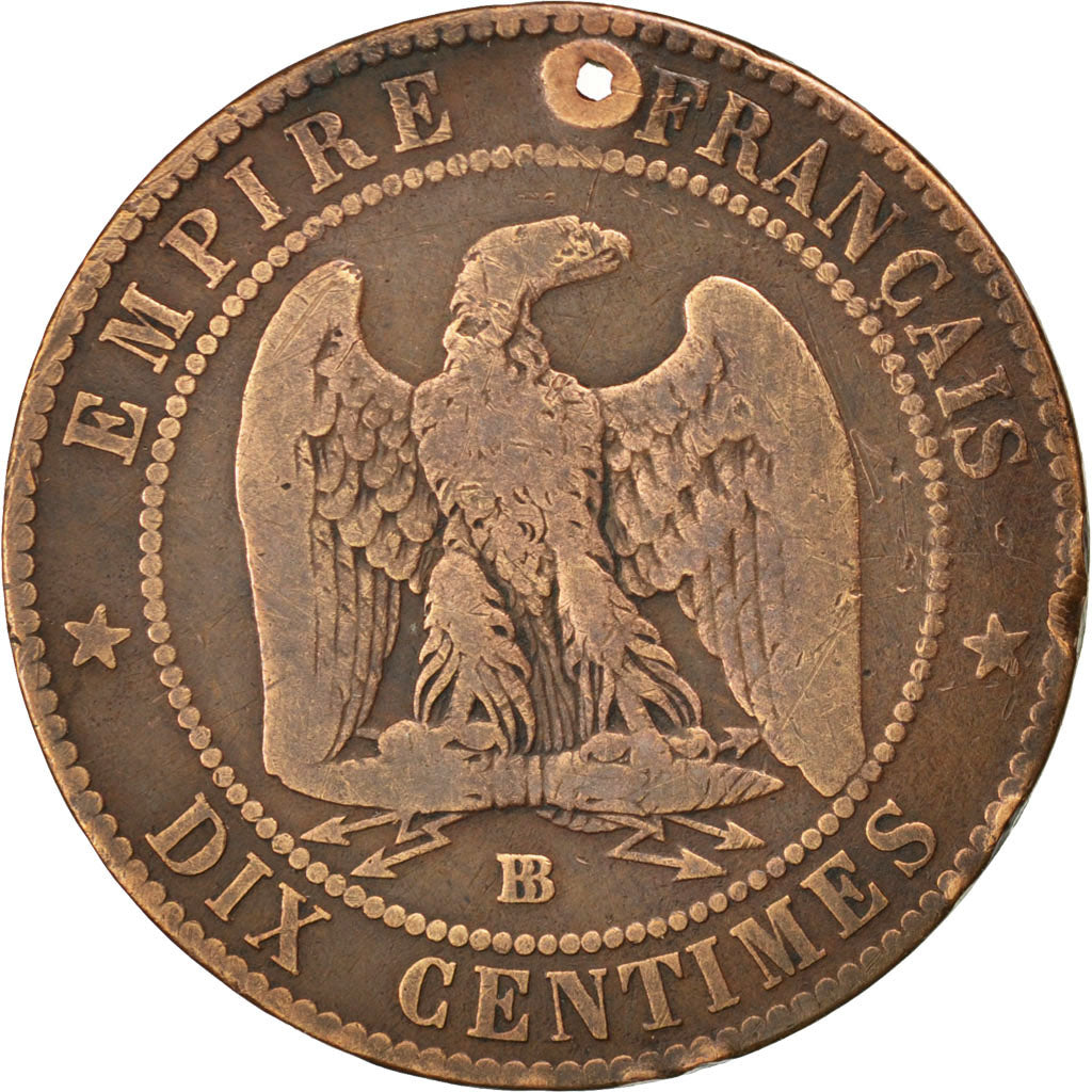 FRANCE, Napoléon III, 10 Centimes, 1854, Strasbourg, KM #771.3, VF(20-25), B...
