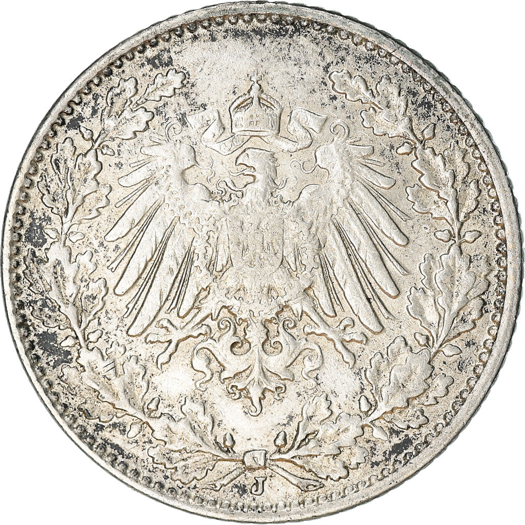 Coin, GERMANY - EMPIRE, 1/2 Mark, 1914, Hambourg, EF(40-45), Silver, KM:17
