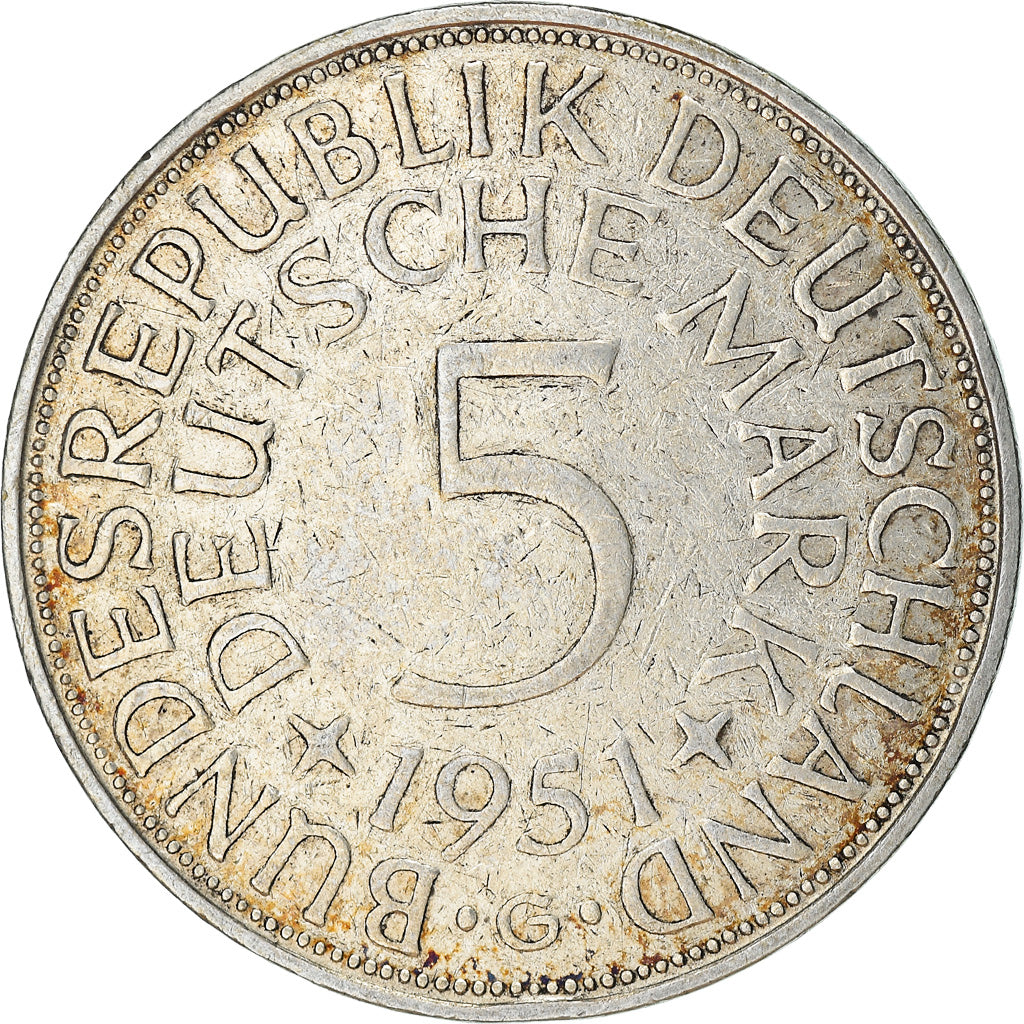 Coin, GERMANY - FEDERAL REPUBLIC, 5 Mark, 1951, Karlsruhe, EF(40-45), Silver