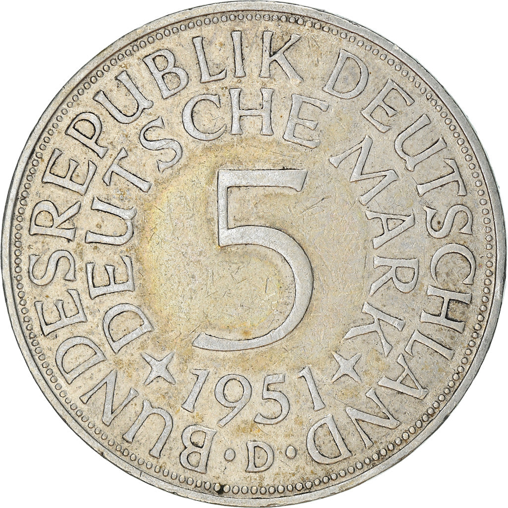 Coin, GERMANY - FEDERAL REPUBLIC, 5 Mark, 1951, Munich, EF(40-45), Silver